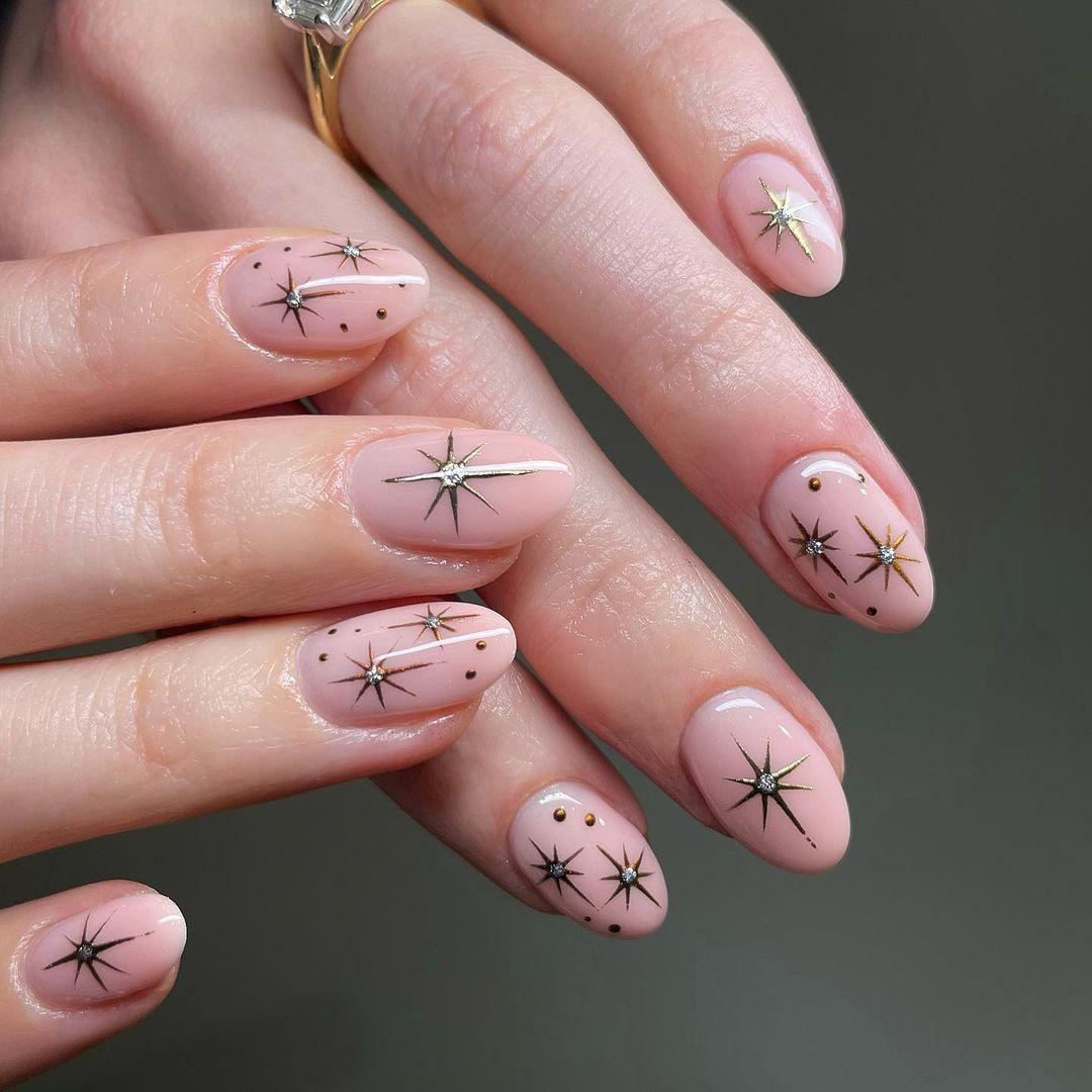 Pale Pink Celestial Star Bead Rhinestone Nails Pale Pink Celestial Star Bead Rhinestone Nails — Winter Wedding Nails
