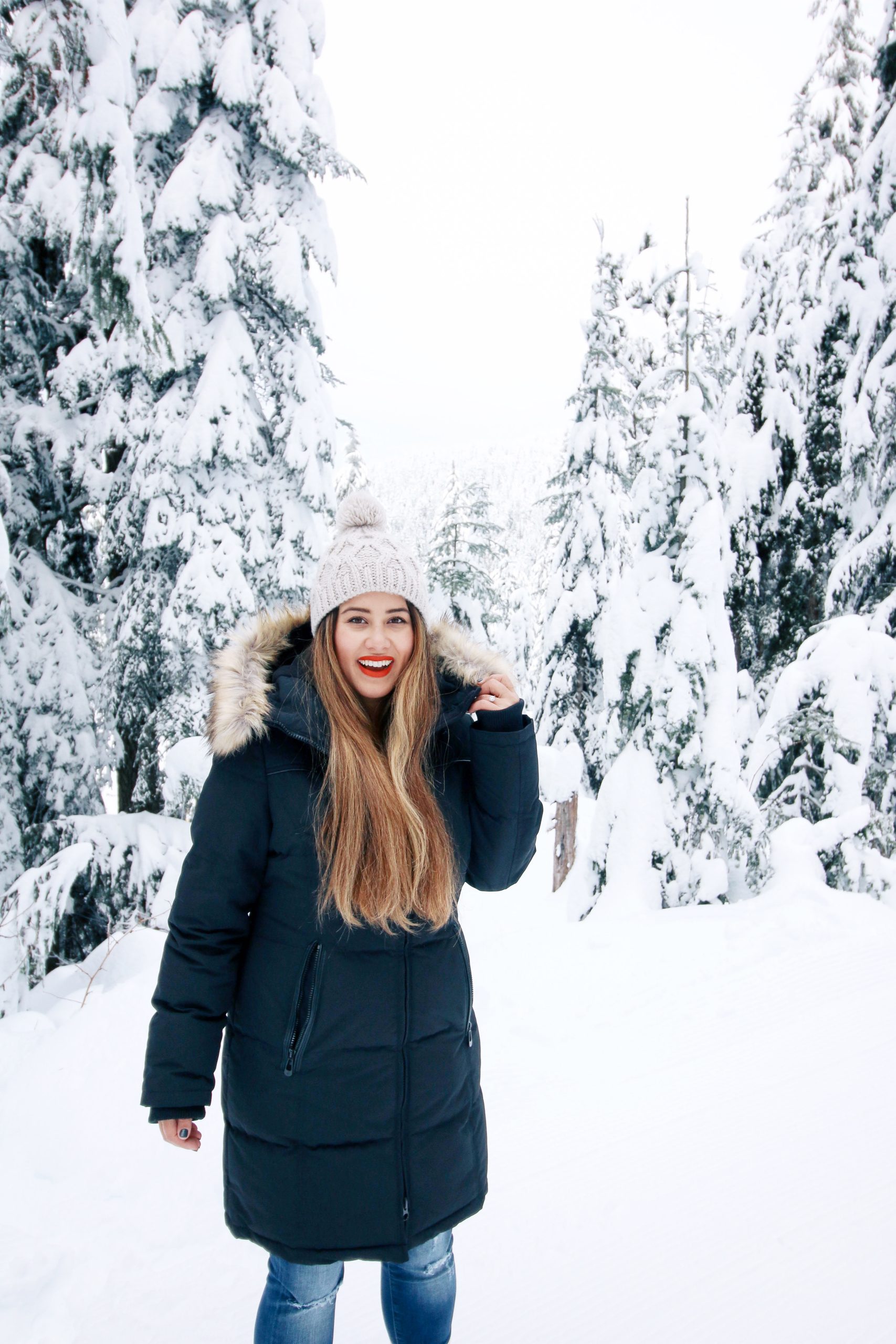 Long Black Puffer Coat with Fur-Trimmed Hood and Knit Beanie Long Black Puffer Coat with Fur-Trimmed Hood and Knit Beanie — Snow Day Outfits