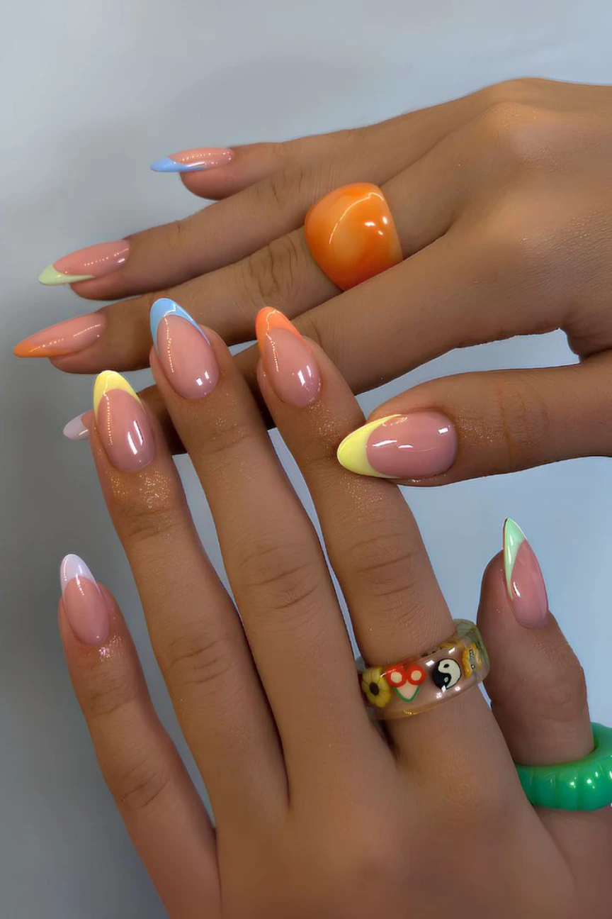 Multi-Colored Pastel French Almond Multi-Colored Pastel French Almond — Winter to Spring Transition Nails