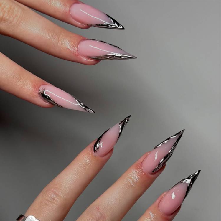 Sheer Pink Metallic Silver Foil Stilettos Sheer Pink Metallic Silver Foil Stilettos — Winter Stiletto Nails