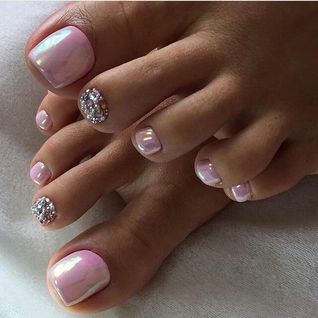 Pale Pink Shimmer Rhinestone Accents — Winter Pedicure Colors