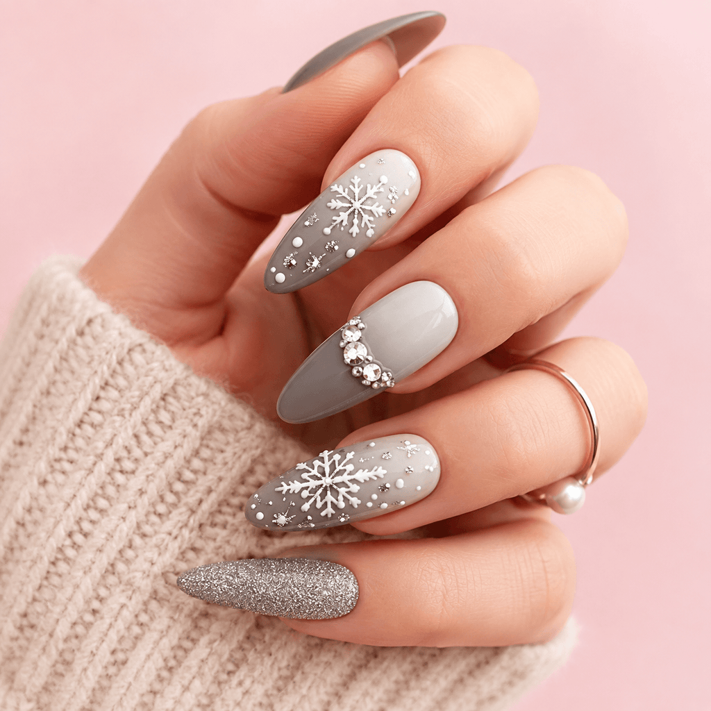 Long Stiletto Grey Gradient Rhinestone Nails Long Stiletto Grey Gradient Rhinestone Nails — Winter Gray Nails