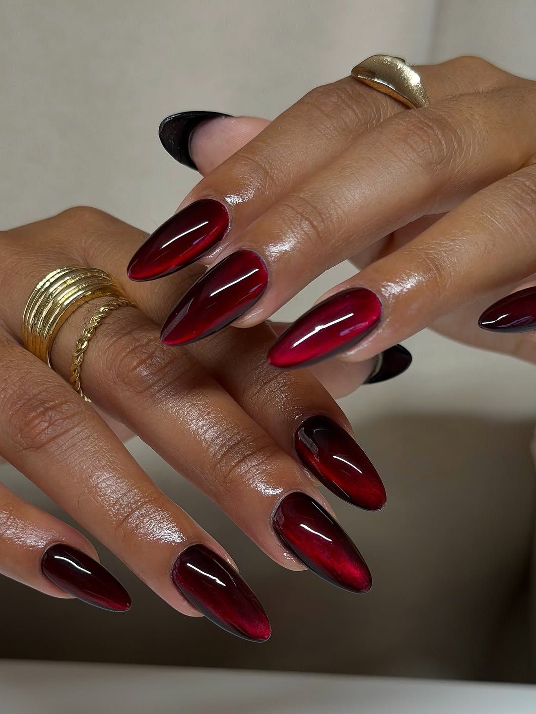 Dramatic Deep Red Black Cat Eye — Velvet Nails