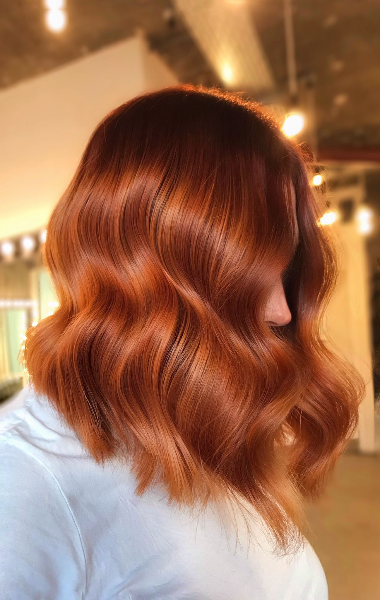 No Bangs Wavy Copper Chin Bob — Winter Copper Hair Color