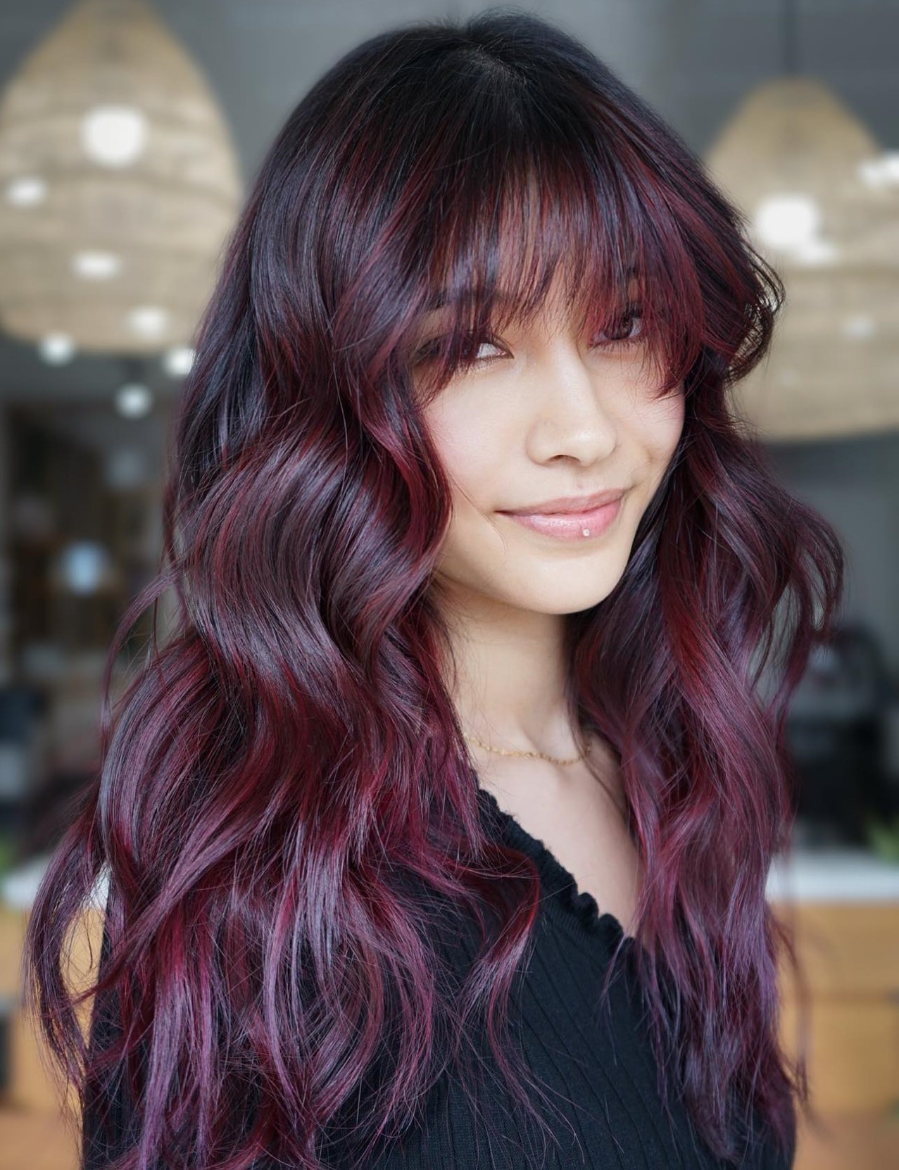 Collarbone Lob with Wispy Bangs and Highlights — Cherry Cola Hair Color