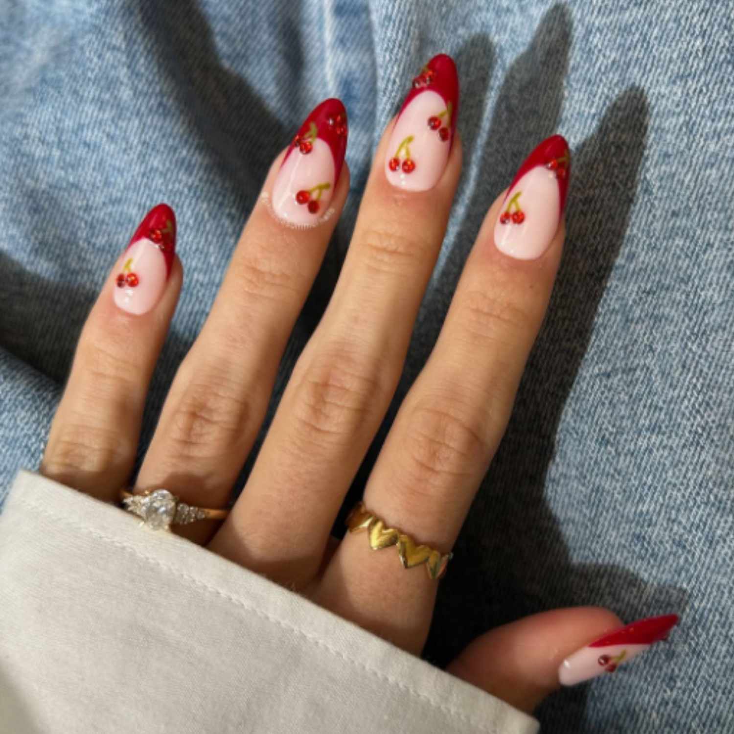 Glossy Red French Tips with Cherry Motifs Glossy Red French Tips with Cherry Motifs — Cherry Red Nails