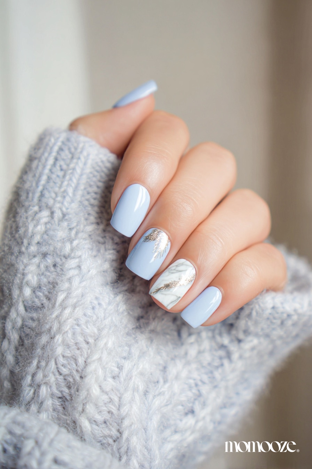 Soft Light Blue with Marble Accent Nail — Icy Blue Nails