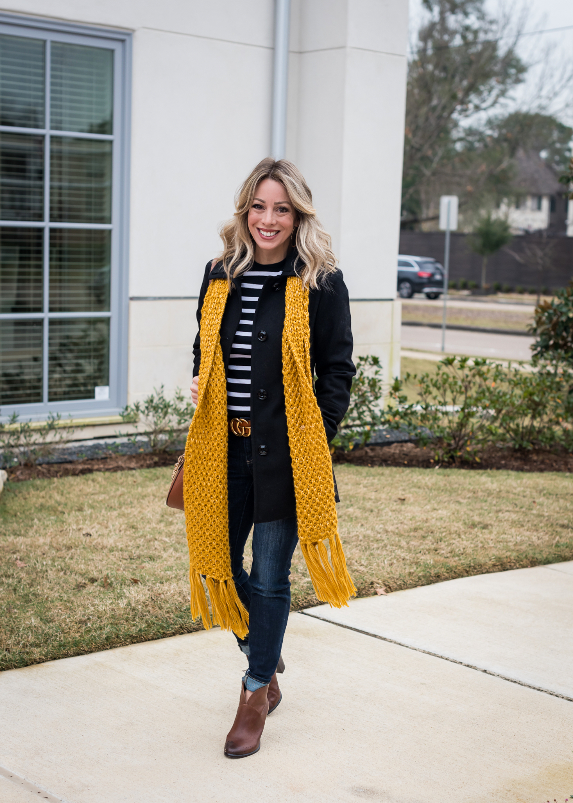 Fitted Black Peacoat with Stripes and a Pop of Yellow — Peacoat Outfits