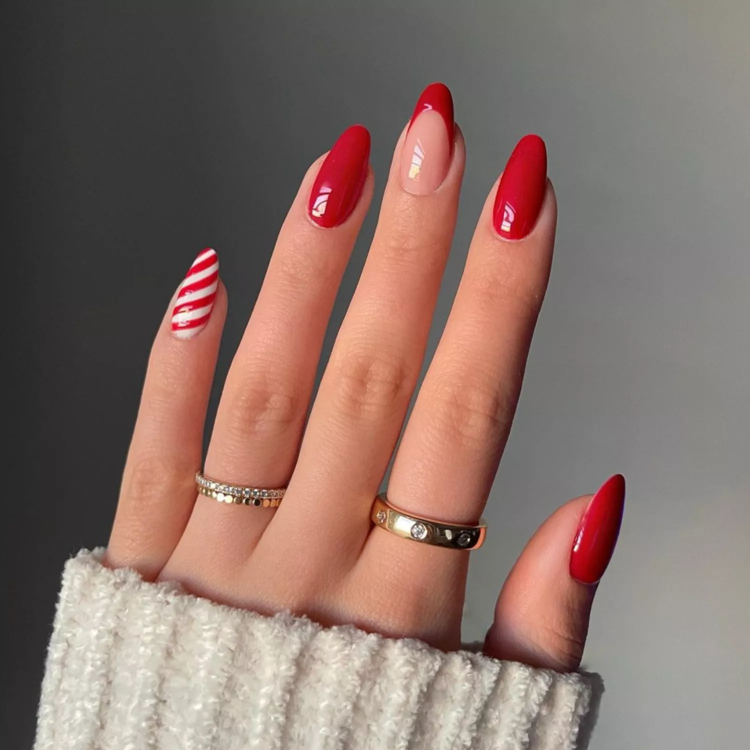 Red French Tips with Candy Cane Stripe Red French Tips with Candy Cane Stripe — Winter Red Nails