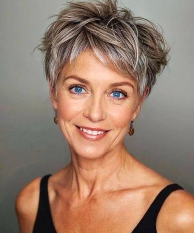 Tousled Salt and Pepper Pixie — Winter Hair Colors for Women Over 40