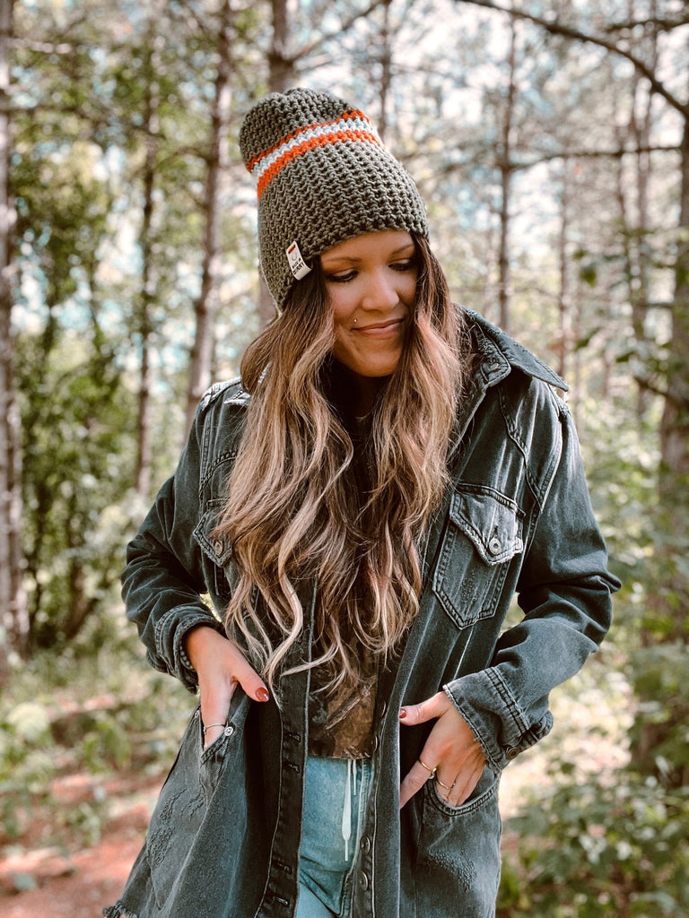 Transitional Style: Olive Green Crochet Beanie with Denim Transitional Style: Olive Green Crochet Beanie with Denim — Beanie Outfits