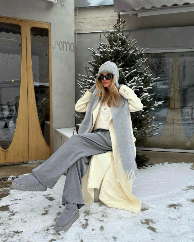 Cream Knit Sweater and Long Coat with Grey Wide-Leg Pants Cream Knit Sweater and Long Coat with Grey Wide-Leg Pants — January Outfits