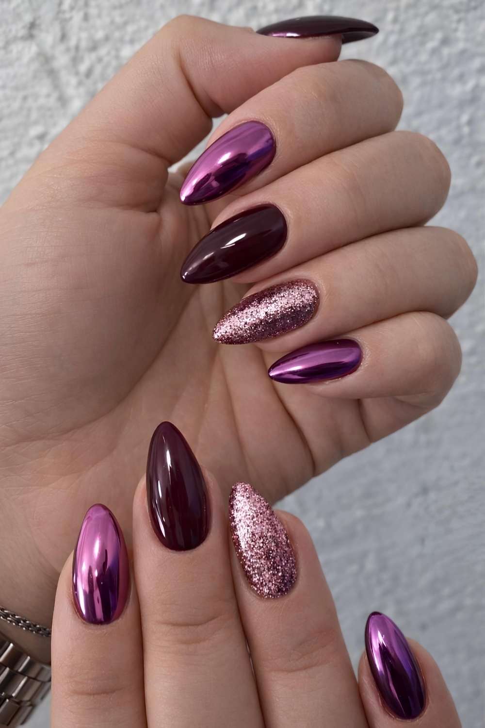 Burgundy, Purple Chrome, and Rose Gold Glitter Burgundy, Purple Chrome, and Rose Gold Glitter — Winter Nail Designs