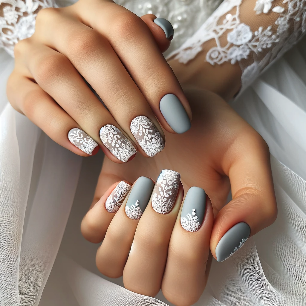 Matte Gray White Lace Overlay Oval Nails Matte Gray White Lace Overlay Oval Nails — Winter Gray Nails