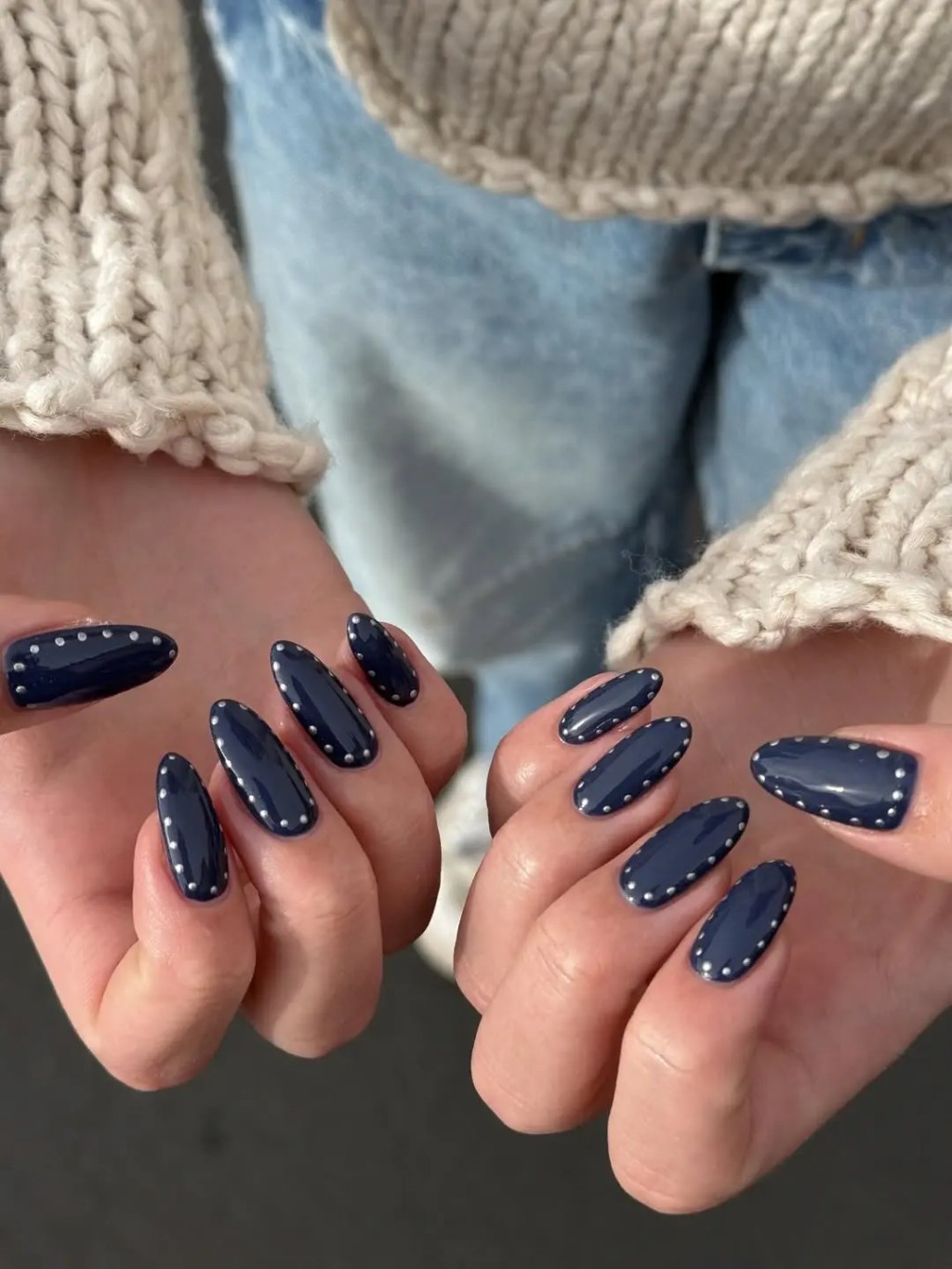 Medium Almond Silver Studs Navy — Navy Blue Nails