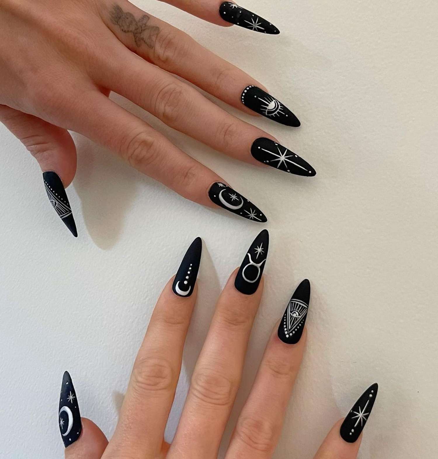Matte Black with White Celestial Motifs Matte Black with White Celestial Motifs — Winter Black Nails