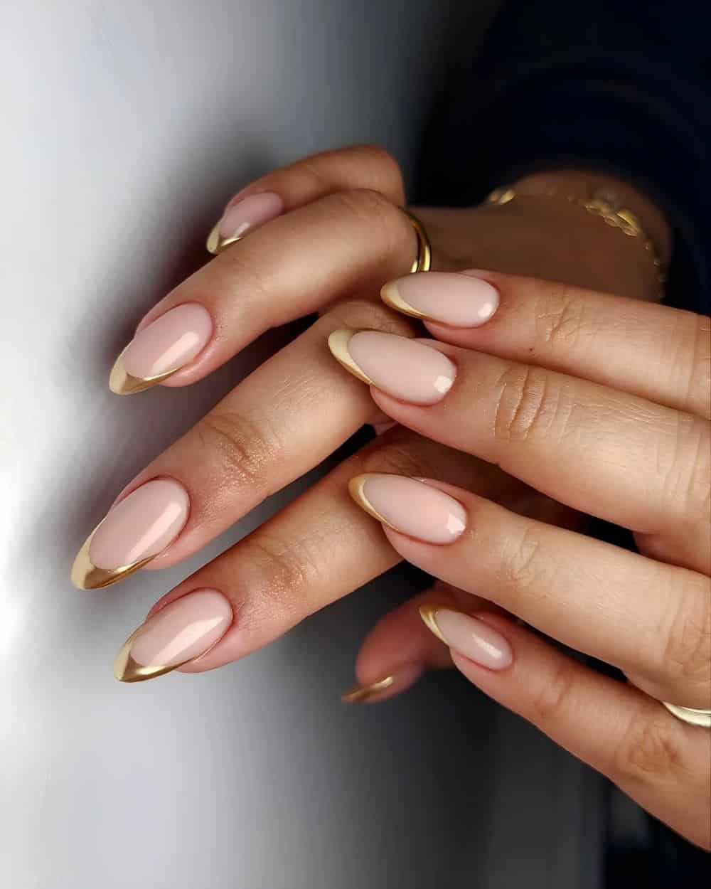 The Single Detail A Reader Notices First Medium Almond Gold Line French Nude The Single Detail A Reader Notices First Medium Almond Gold Line French Nude — Winter Nude Nails
