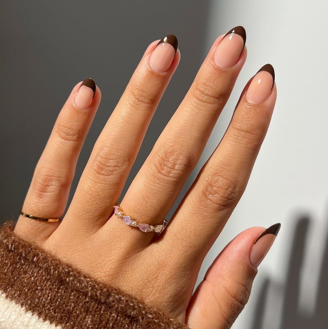 Dark Brown French Tip Almonds — Short Winter Almond Nails