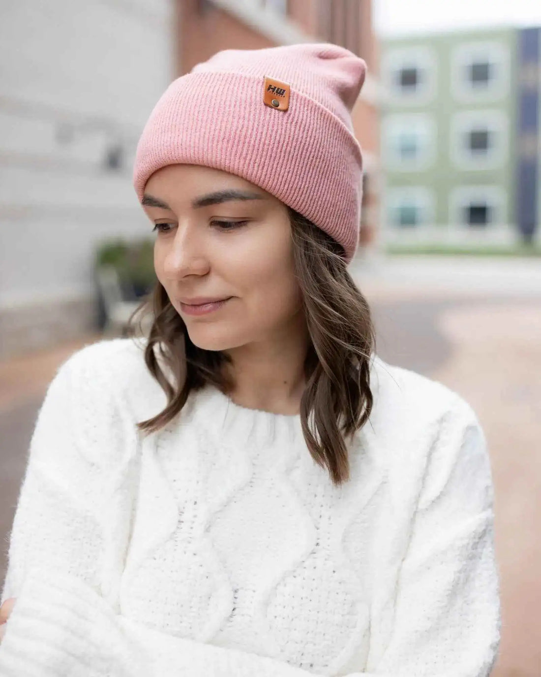 Simple Elegance: Light Pink Beanie with White Cable Knit Simple Elegance: Light Pink Beanie with White Cable Knit — Beanie Outfits