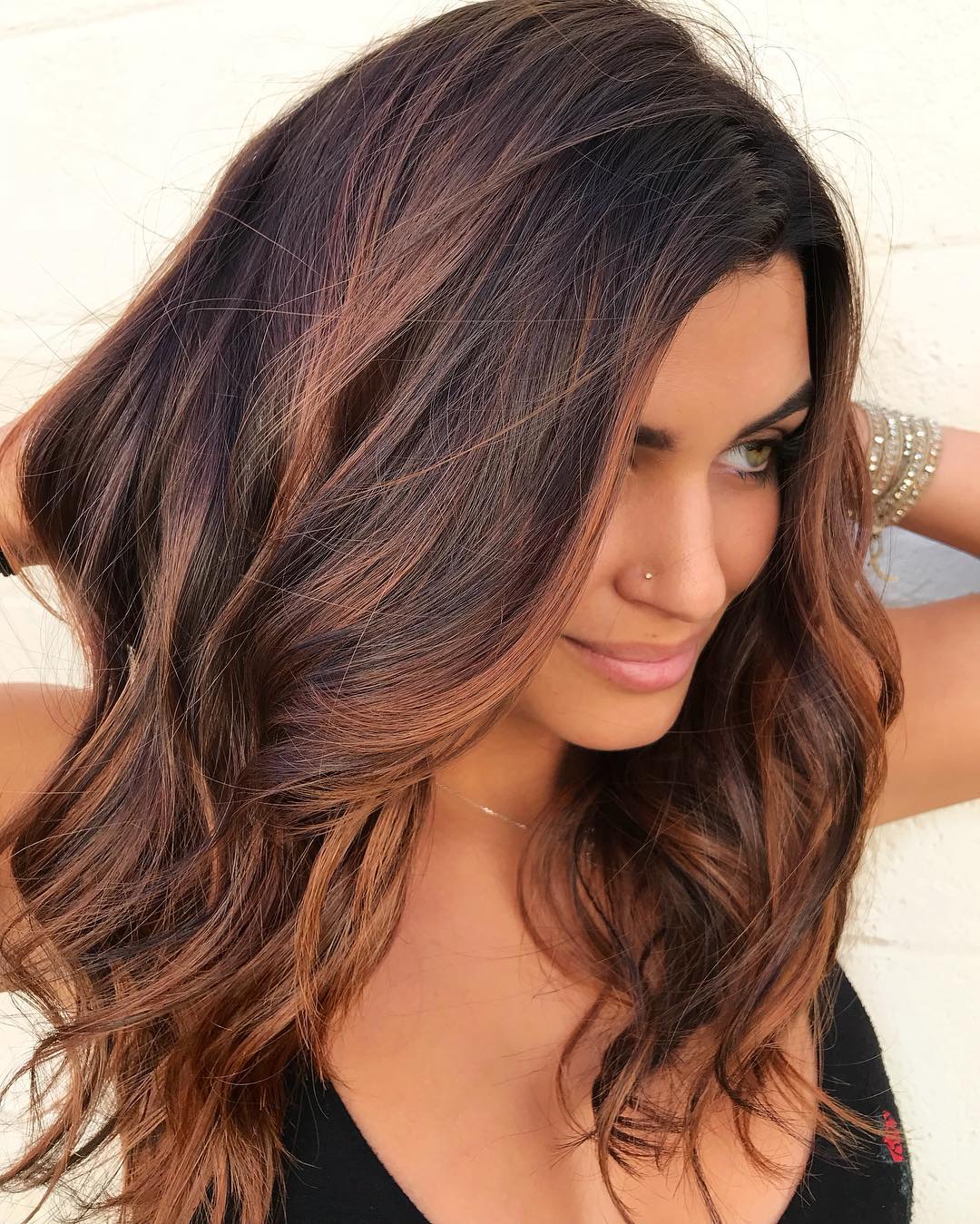 Dark Brown With Copper and Caramel Balayage — Winter Hair Colors for Olive Skin