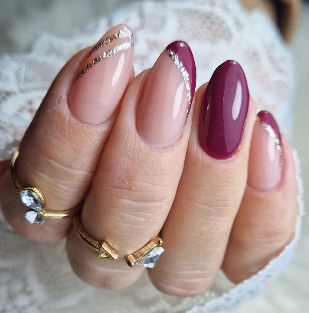 French Manicure with Silver Lines & Berry Accent French Manicure with Silver Lines & Berry Accent — Fall to Winter Nails