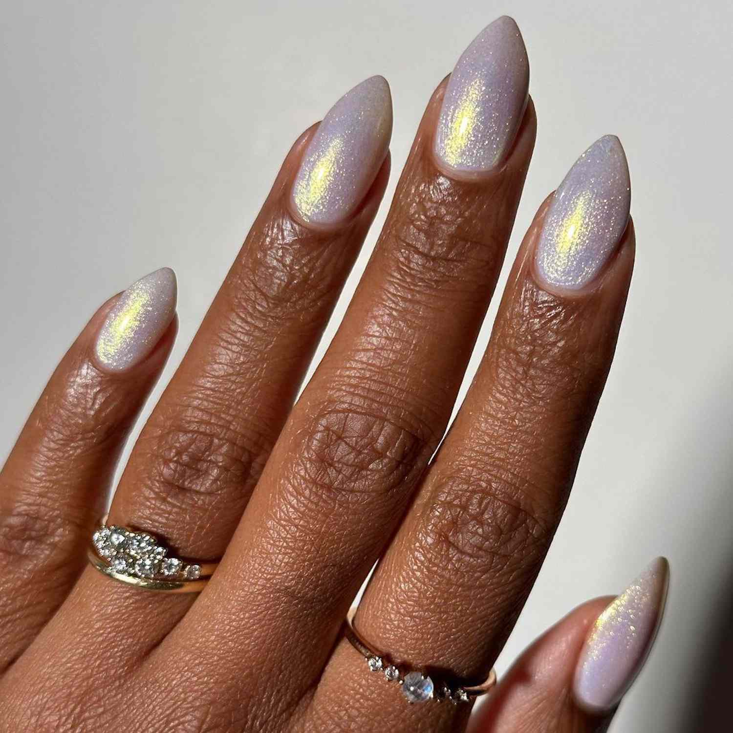 Pale Lilac Golden Shimmer Stiletto Pale Lilac Golden Shimmer Stiletto — Winter to Spring Transition Nails