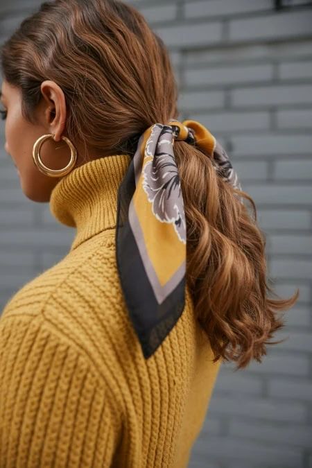 Brown Wavy Ponytail with Silk Scarf Brown Wavy Ponytail with Silk Scarf — Winter Hairstyles with Scarf