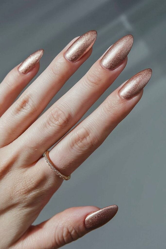 Shimmering Rose Gold Almond Nails Shimmering Rose Gold Almond Nails — Winter Wedding Nails