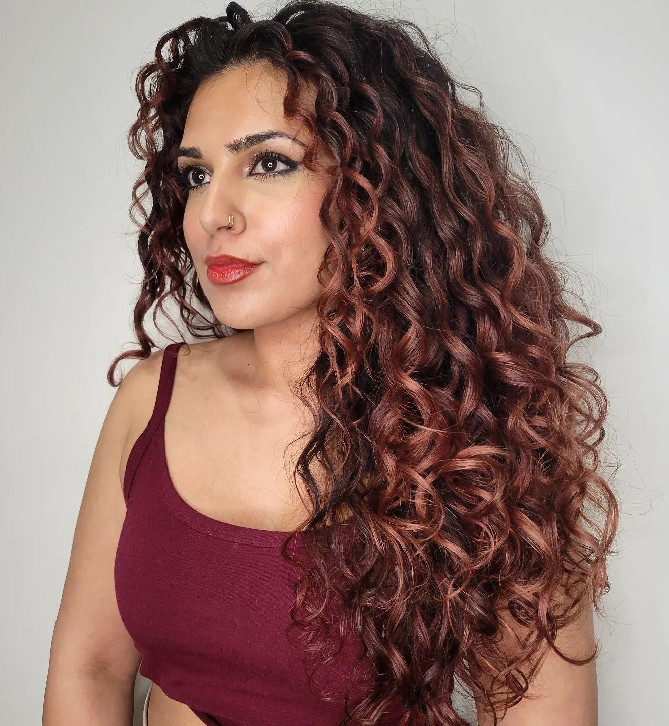 Dark Brown With Auburn & Copper Highlights Dark Brown With Auburn & Copper Highlights — Winter Hair Colors for Curly Hair