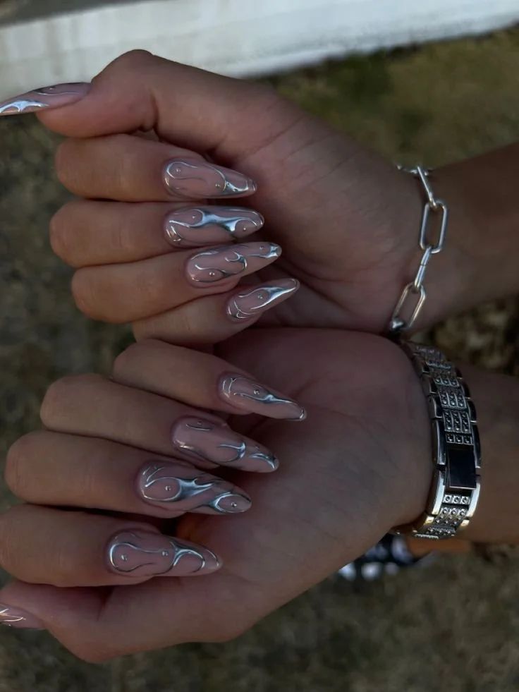 Flame Motif On All Nails Visual Idea Flame Motif On All Nails Visual Idea — Silver Chrome Nails