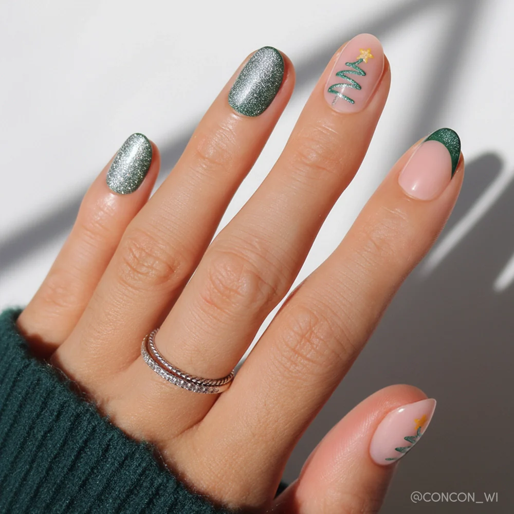 Festive Christmas Tree Almond Nails — Cute Winter Nails