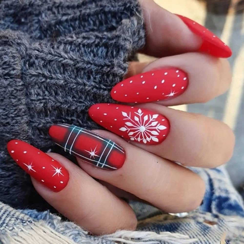 Matte Red Snowflake Plaid Coffin Nails Matte Red Snowflake Plaid Coffin Nails — Medium Length Winter Nails