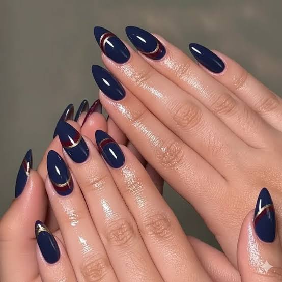 Navy Blue with Gold and Burgundy Accents Navy Blue with Gold and Burgundy Accents — Winter Acrylic Nail Colors