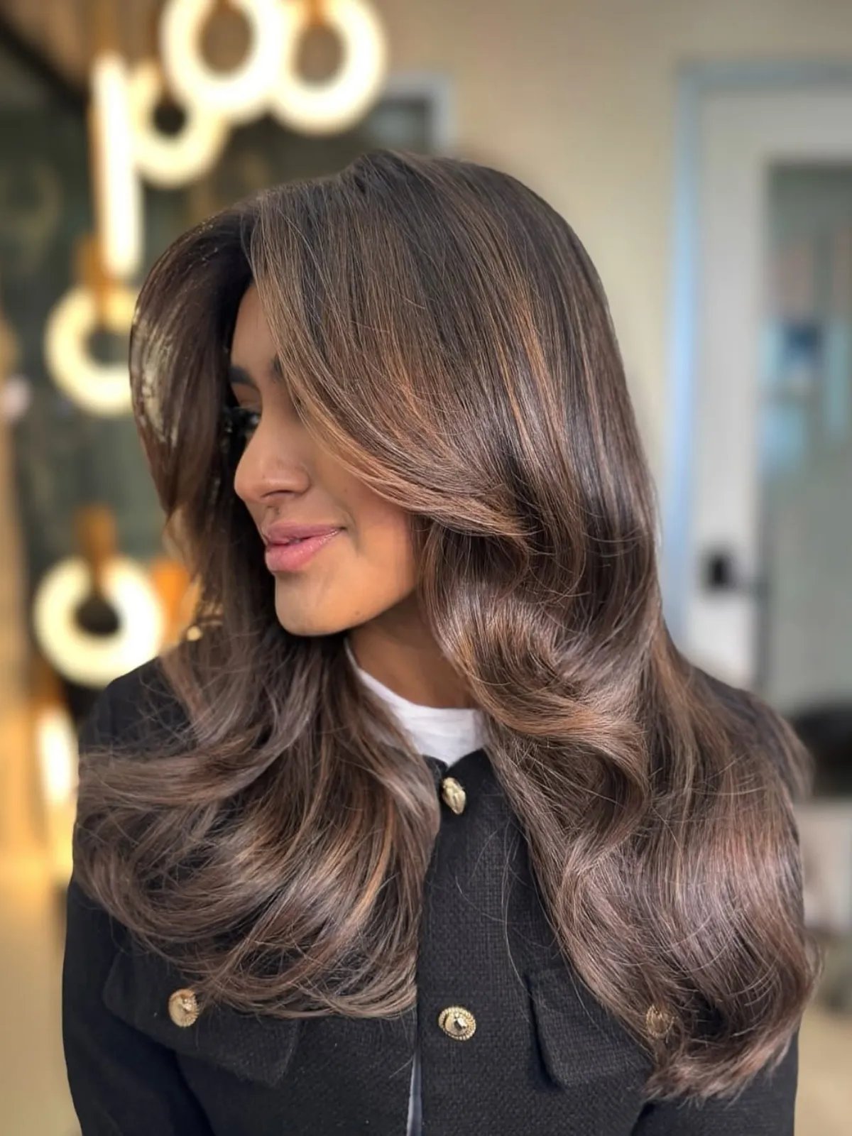 Collarbone Chocolate Brown With Caramel Highlights — Winter Hair Colors for Brown Eyes