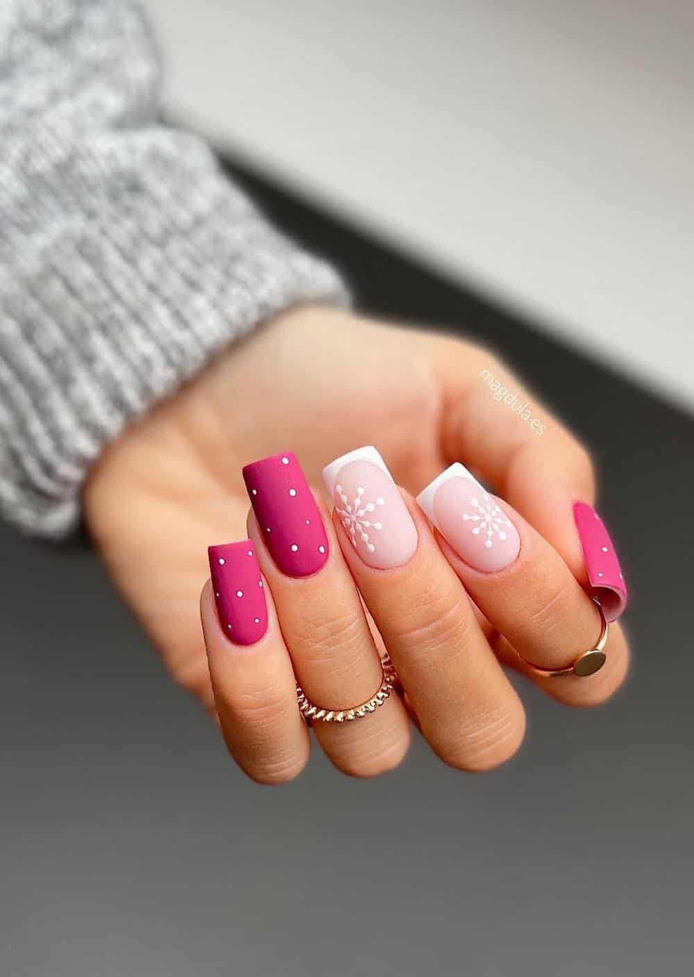 Matte Hot Pink & Light Pink Mix with Snowflakes Matte Hot Pink & Light Pink Mix with Snowflakes — Winter Pink Nails