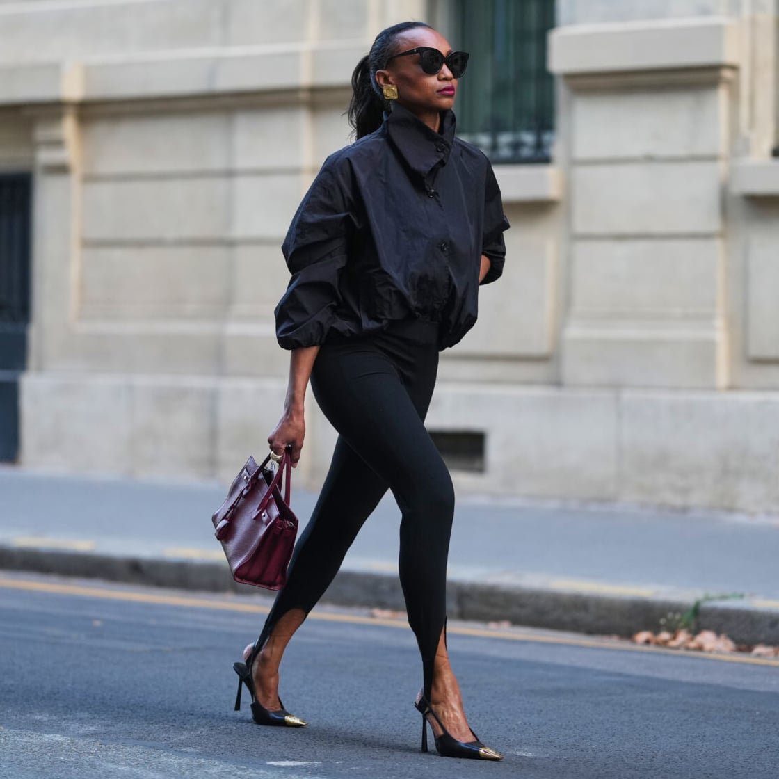Stirrup Leggings with Cropped Jacket and Pointed Heels — Winter Outfits with Leggings