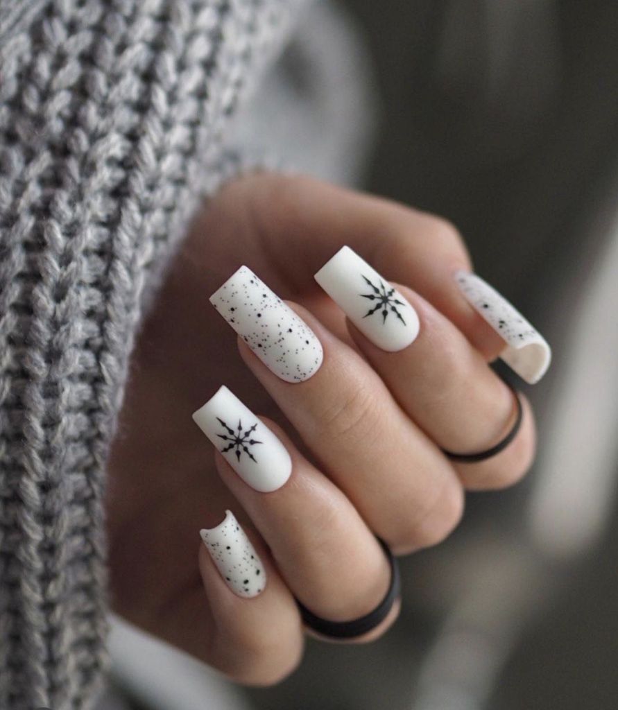 Matte White Nails with Black Starbursts Matte White Nails with Black Starbursts — Winter Gel Nails