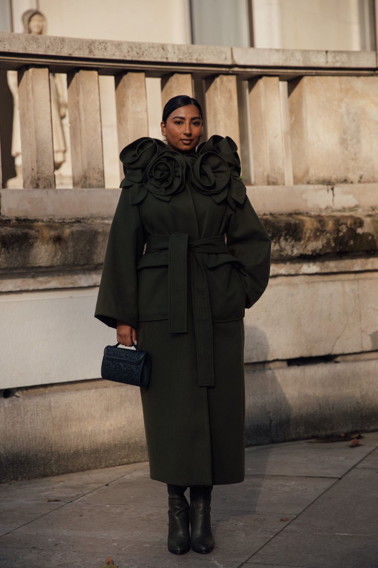 Statement Dark Green Coat with Floral Detail — Old Money Winter Outfits