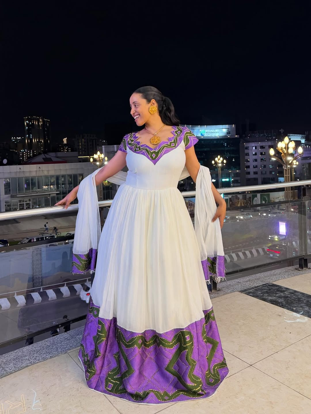 Traditional White Dress with Royal Purple Embroidered Border — Royal Purple Outfits