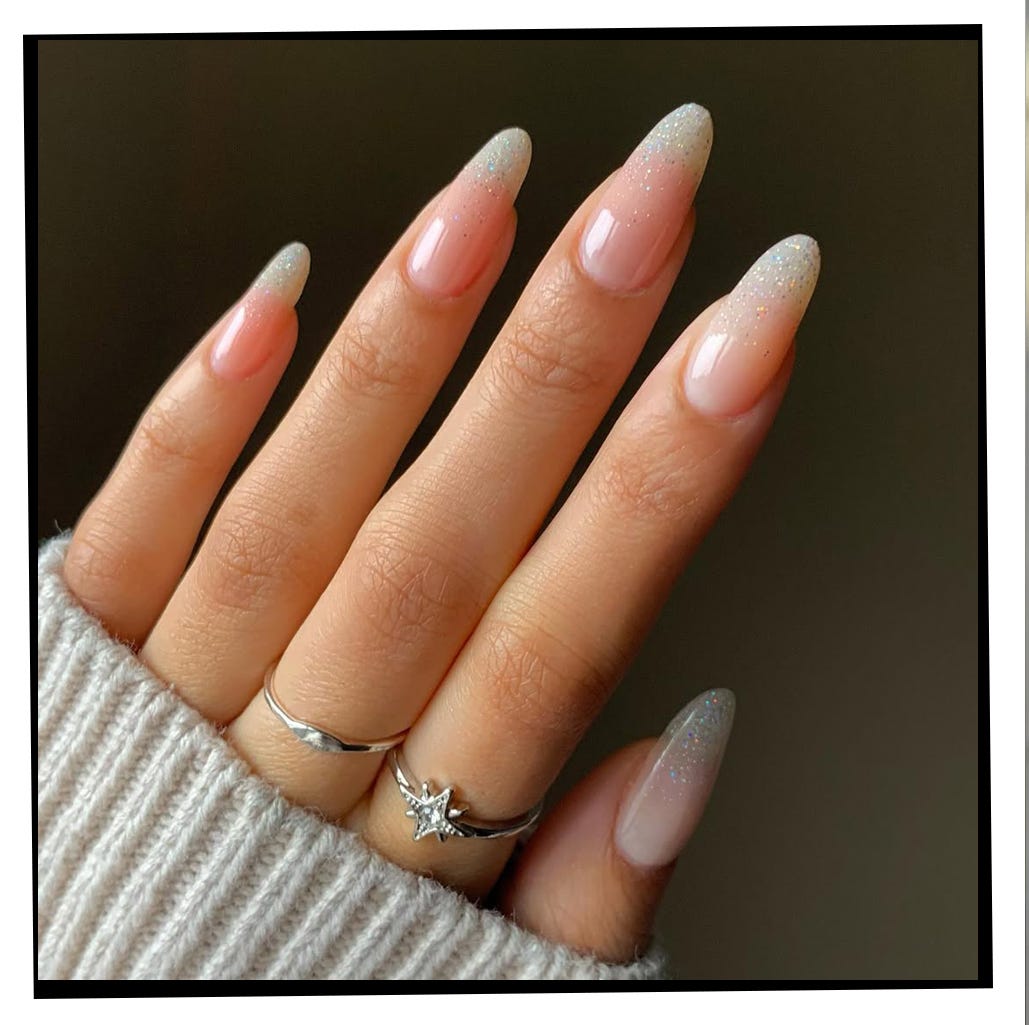 Long Stiletto Glitter Fade with Silver Rings Long Stiletto Glitter Fade with Silver Rings — Winter Dip Powder Nails