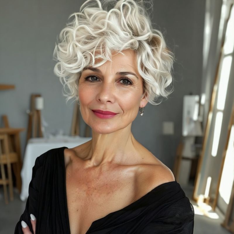 Ash Blonde Curly Pixie Bob — Winter Hair Colors for Women Over 60