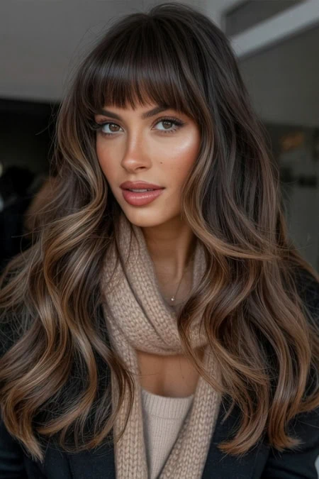 Wavy Dark Brown With Caramel Highlights And Full Bangs Wavy Dark Brown With Caramel Highlights And Full Bangs — Winter Hairstyles for Long Hair