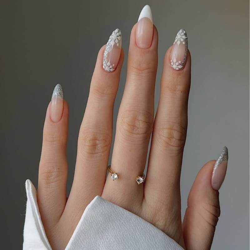 Long Almond Nude French Glitter Tips Long Almond Nude French Glitter Tips — Simple Winter Nails