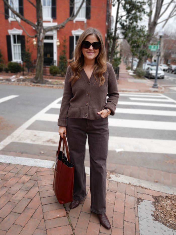 Cozy Monochrome: Chocolate Brown Knit Cardigan and Trousers — Chocolate Brown Outfits
