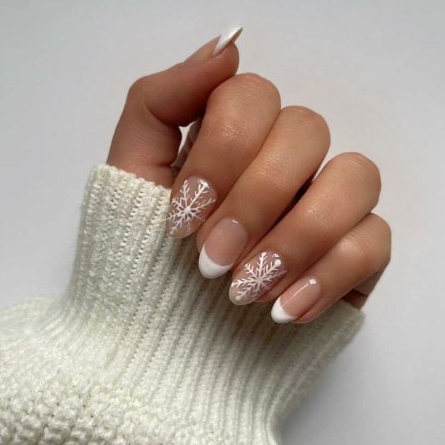 Delicate Snowflake Clear French Almonds — Winter Wonderland Nails