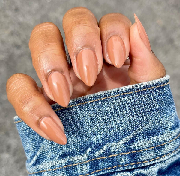 Warm Nude Beige Glossy Long Almond Nails Warm Nude Beige Glossy Long Almond Nails — Winter Nail Colors for Dark Skin