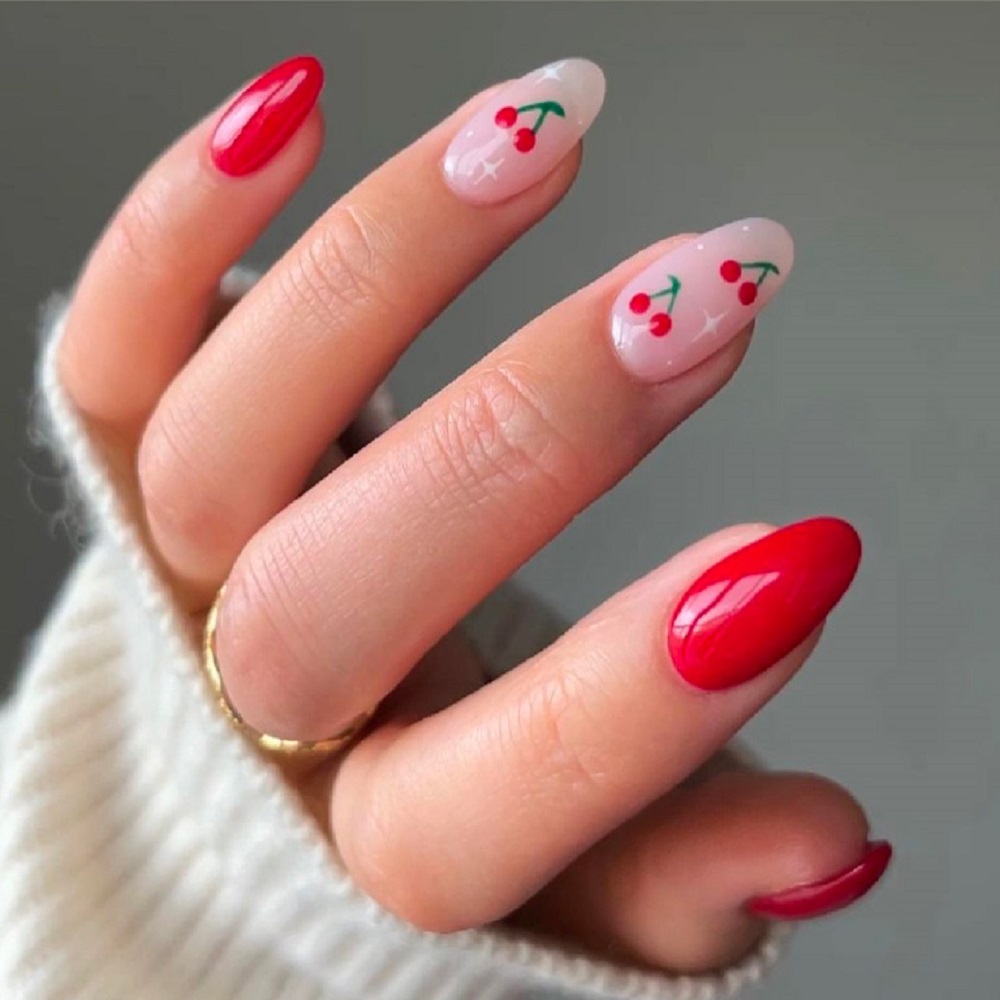 Bright Red Almond Nails with Cherry Art Bright Red Almond Nails with Cherry Art — Cherry Red Nails