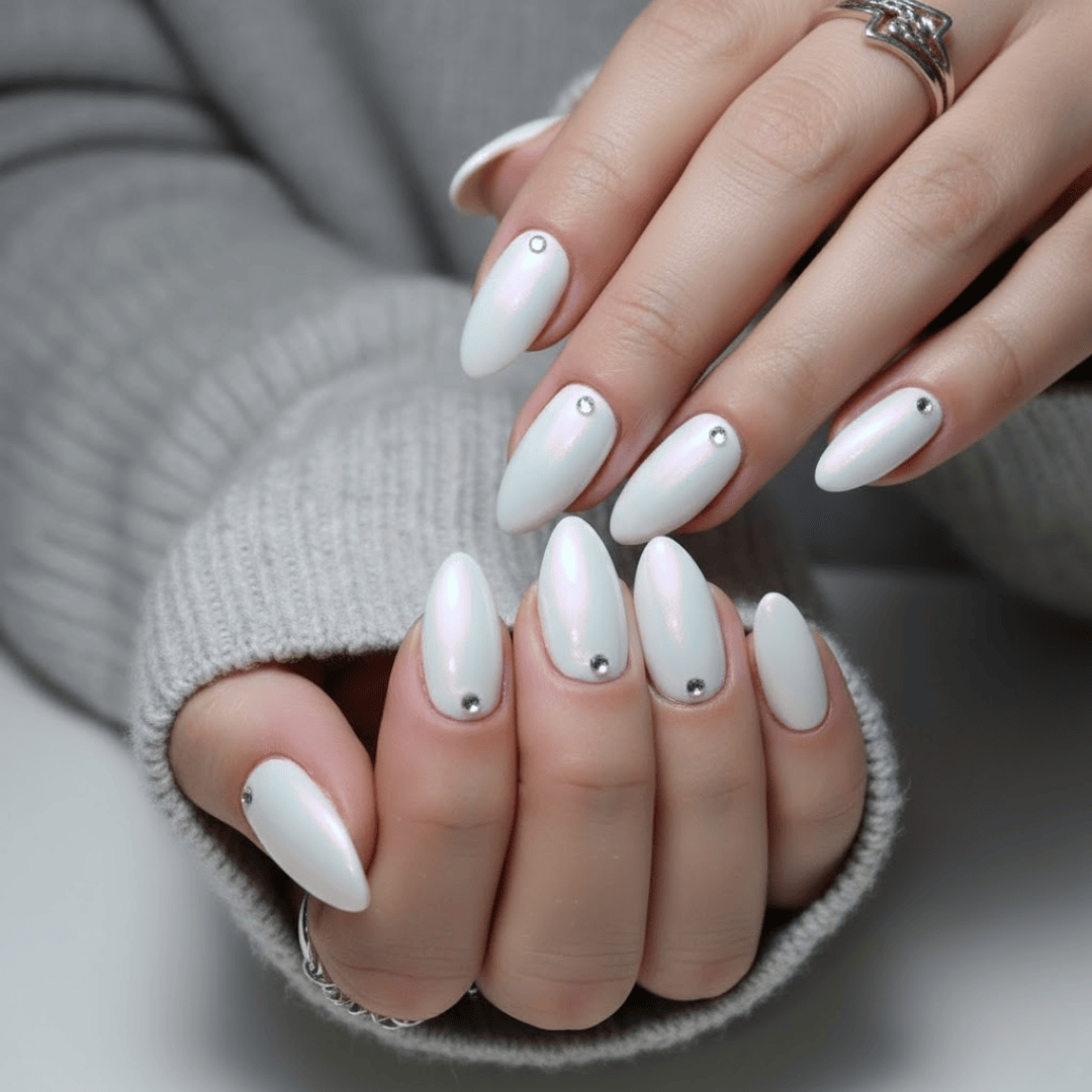 Opalescent Chrome Rhinestone Almonds — Short Winter Almond Nails