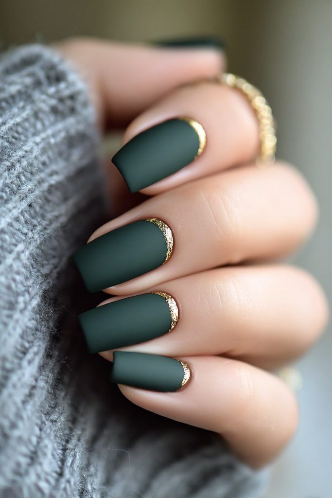 Matte Dark Green Gold Moon Nails Matte Dark Green Gold Moon Nails — Winter Green Nails