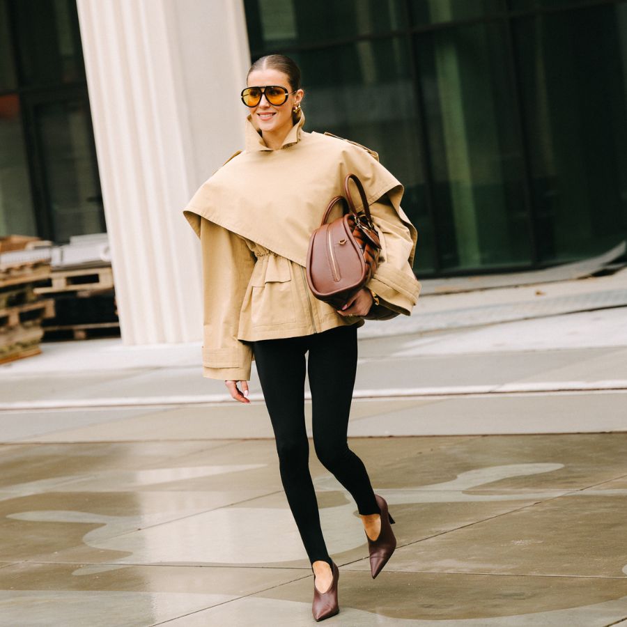 Oversized Jacket and Leggings with Burgundy Heels — February Outfits